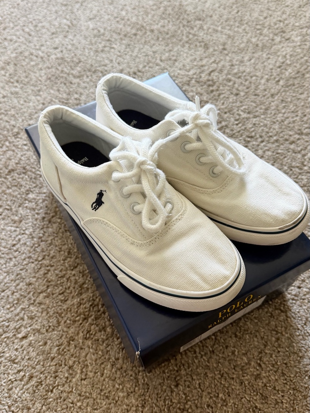 Polo by Ralph Lauren White Canvas Low-Top Sneakers with Navy Logo